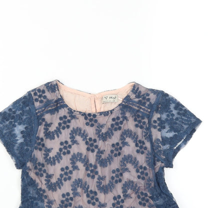 Close-up detail of Next girls’ blue floral basic blouse, size 7, years - embroidered floral layer