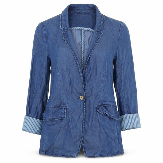 Front view of Zara women’s blue denim jacket, size XS