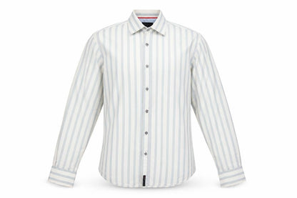 Front view of Jeff & Co men’s green striped button-up, size M