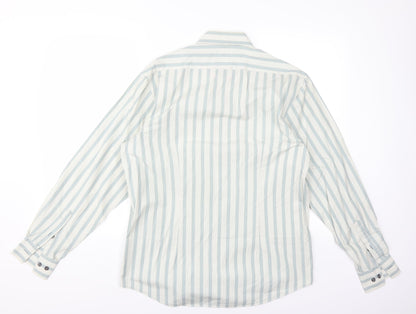 Back view of Jeff & Co men’s green striped button-up, size M