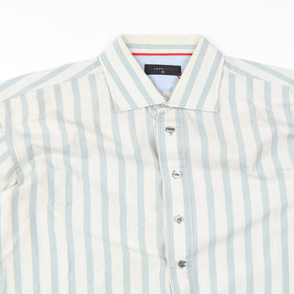 Close-up detail of Jeff & Co men’s green striped button-up, size M