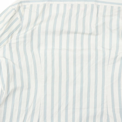 Brand and care label for Jeff & Co men’s green striped button-up, size M