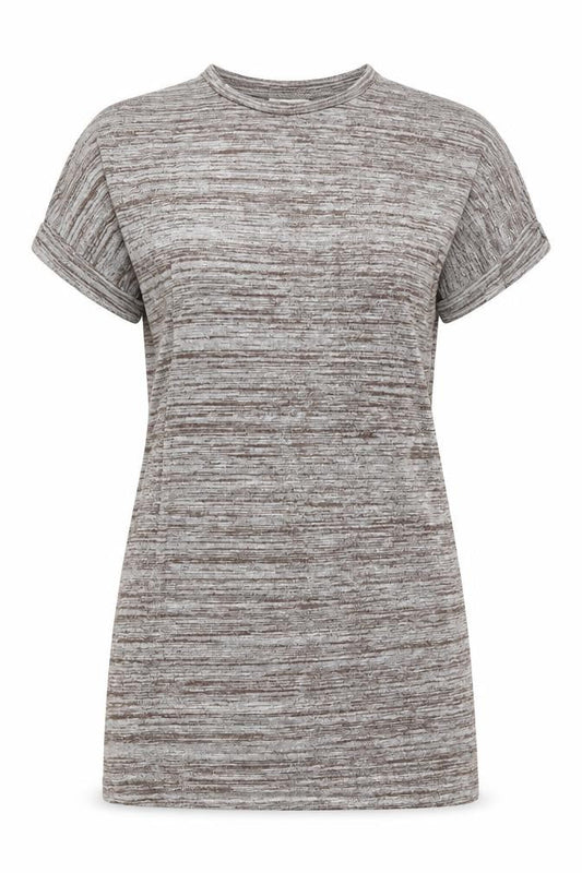 Front view of JCL women’s brown striped jersey basic t-shirt, size M