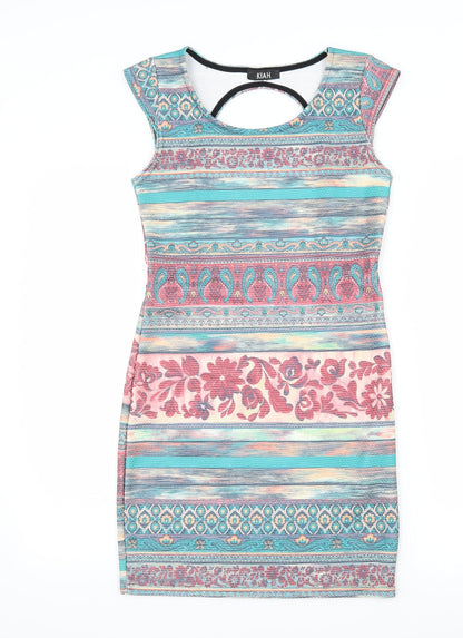 Additional front view of Kiah women’s multicoloured geometric jersey bodycon, size UK 12, - open back