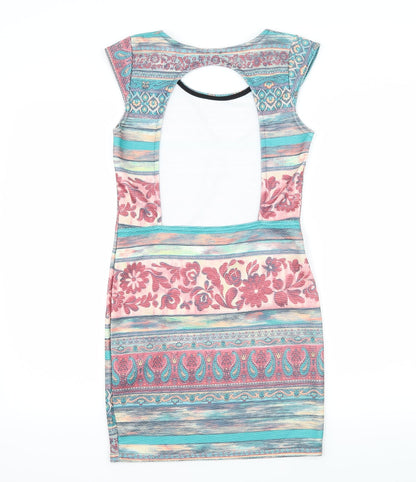Back view of Kiah women’s multicoloured geometric jersey bodycon, size UK 12, - open back