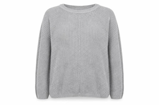 Front view of Boohoo women’s grey knit jumper, size UK 18