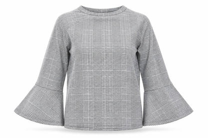 Front view of H&M women’s grey check jersey pullover sweatshirt, size M