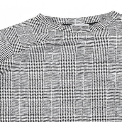 Close-up detail of H&M women’s grey check jersey pullover sweatshirt, size M