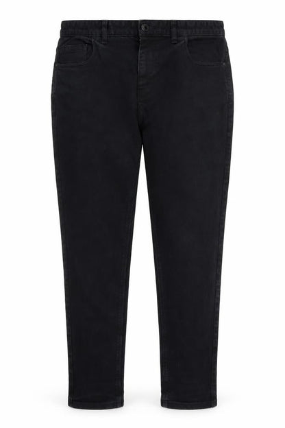 Front view of Next women’s black denim tapered jeans, size UK 34, 31-inch leg