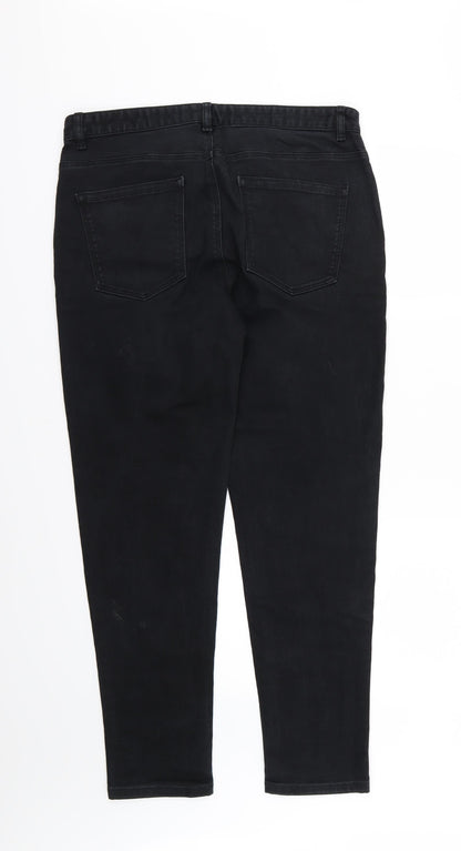 Back view of Next women’s black denim tapered jeans, size UK 34, 31-inch leg