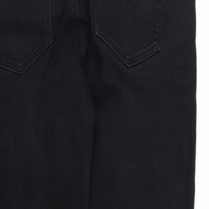 Brand and care label for Next women’s black denim tapered jeans, size UK 34, 31-inch leg