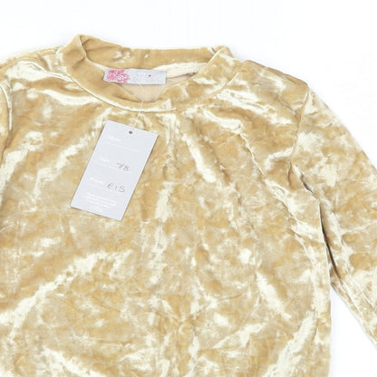 Close-up detail of Silk girls’ gold velour pullover sweatshirt, size 7-8, years
