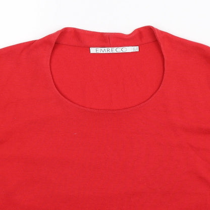 Close-up detail of Emreco women’s red pullover sweatshirt, size UK 14