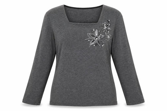 Front view of Bonmarché women’s grey floral jersey jumper, size M