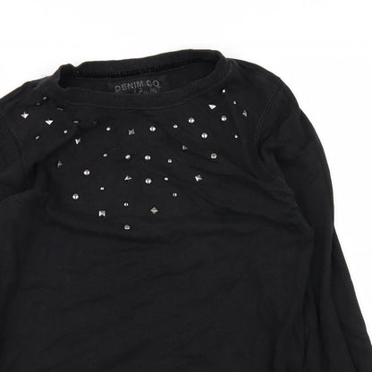 Close-up detail of DENIMCO women’s black jumper, size UK 12
