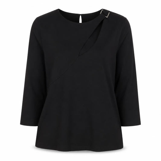 Front view of Julien Macdonald women’s black basic t-shirt, size UK 12