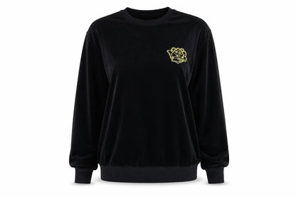 Front view of H&M women’s black pullover sweatshirt, size S