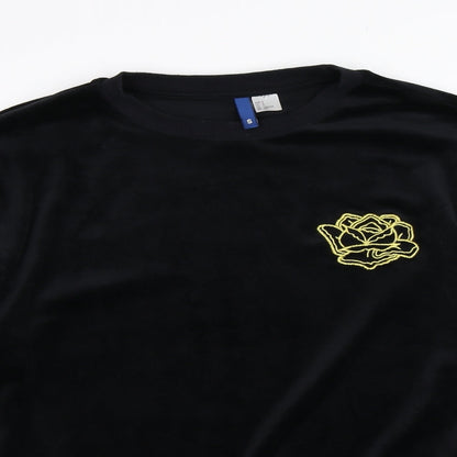 Close-up detail of H&M women’s black pullover sweatshirt, size S