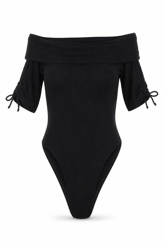 Front view of Topshop women’s black bodysuit one-piece, size UK 8