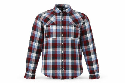 Front view of Crafted men’s red plaid button-up, size M