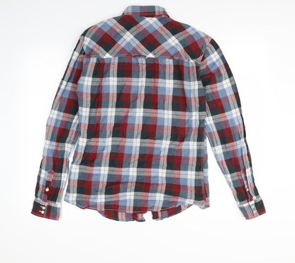 Back view of Crafted men’s red plaid button-up, size M