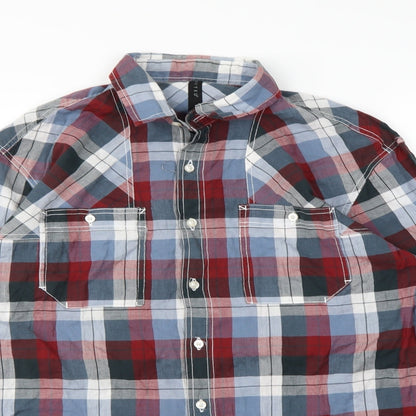 Close-up detail of Crafted men’s red plaid button-up, size M