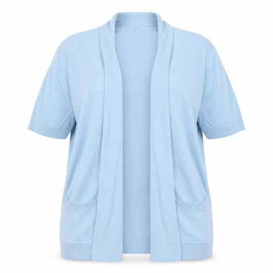 Front view of Damart women’s blue knit cardigan jumper, size UK 14