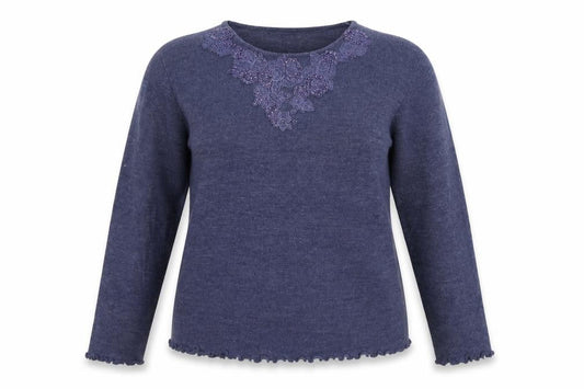 Front view of Elizabeth Scott women’s blue geometric knit jumper, size L