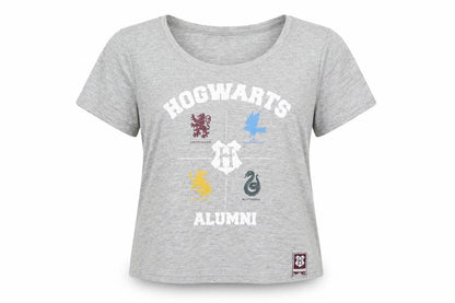Front view of Primark women’s grey jersey basic t-shirt, size UK 12, - hogwarts alumni
