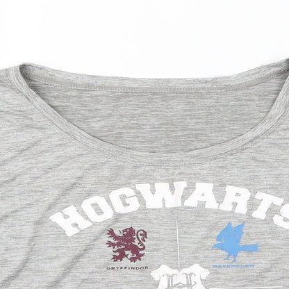 Close-up detail of Primark women’s grey jersey basic t-shirt, size UK 12, - hogwarts alumni