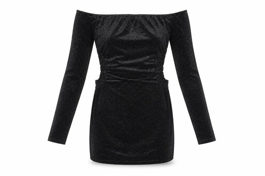 Front view of kiah women’s black bodycon, size UK 10, - glittery