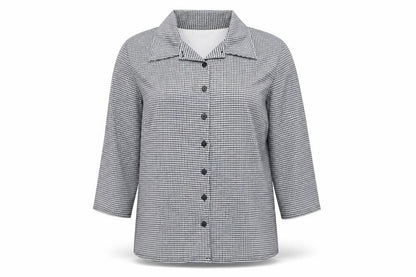 Front view of H&M women’s grey check basic button-up, size XL