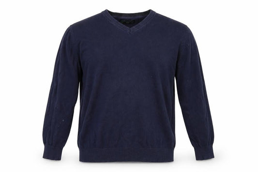 Front view of St Bernard men’s blue jumper, size L