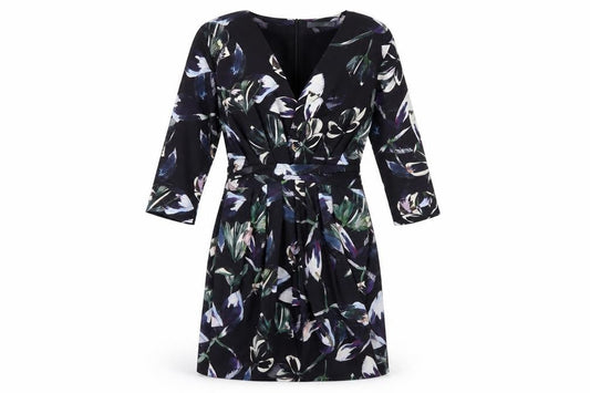Front view of Mango women’s black floral fit & flare, size S