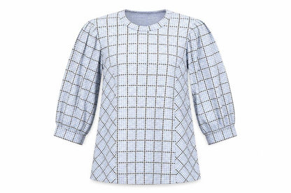 Front view of Savida women’s blue check tunic blouse, size XS