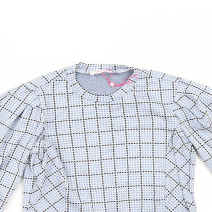 Close-up detail of Savida women’s blue check tunic blouse, size XS