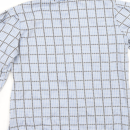 Brand and care label for Savida women’s blue check tunic blouse, size XS