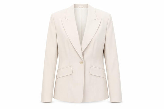 Front view of Liquid women’s beige striped jacket suit jacket, size UK 14