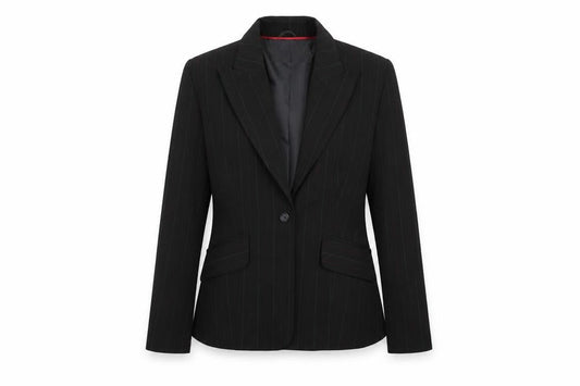 Front view of Liquid women’s black striped jacket suit jacket, size UK 14