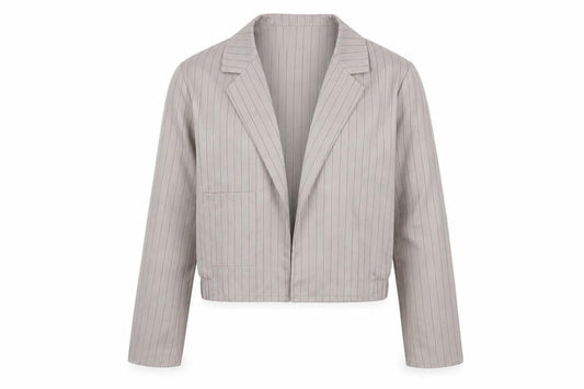 Front view of Boohoo women’s beige striped jacket, size UK 8