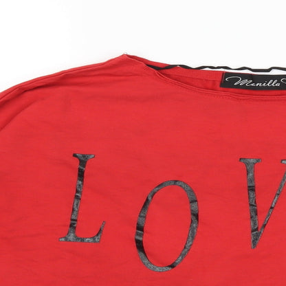 Close-up detail of MANILLA women’s red pullover sweatshirt, size M
