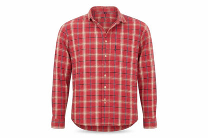 Front view of giovanni galli men’s red check button-up, size M