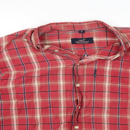 Close-up detail of giovanni galli men’s red check button-up, size M