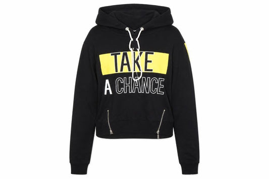 Front view of sellect women’s black pullover hoodie, size UK 10