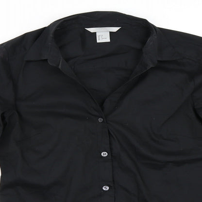 Close-up detail of H&M women’s black basic button-up, size UK 32