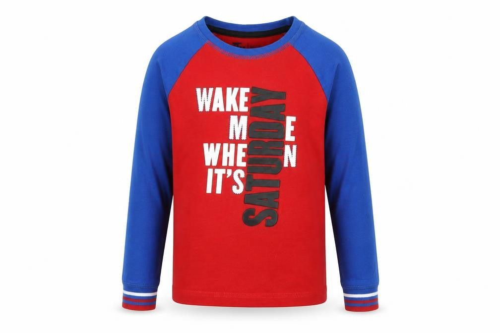 TU Boys Red Colourblock Jersey  Pyjama Top Size 6-7 Years  - Wake me Slogan