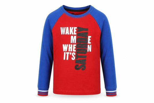 Front view of Tu boys’ red colourblock jersey pyjama top, size 6-7, years - wake me slogan