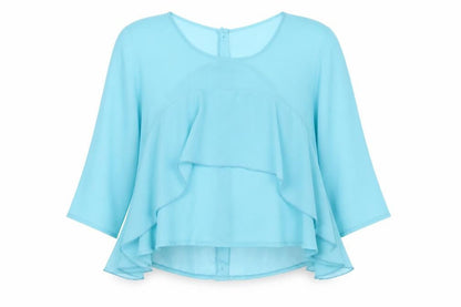 Front view of Nikka women’s blue basic blouse, size UK 10, - ruffle detail