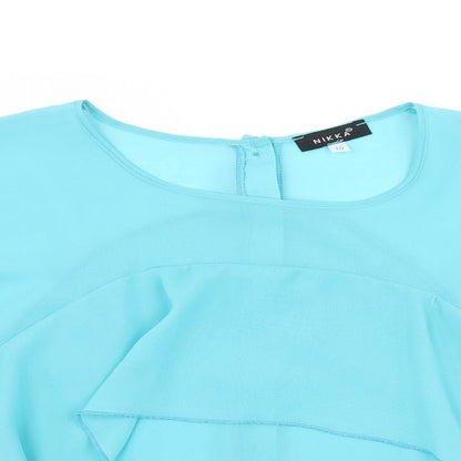 Close-up detail of Nikka women’s blue basic blouse, size UK 10, - ruffle detail