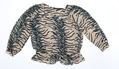 Additional front view of Preworn women’s beige animal print basic blouse, size UK 14